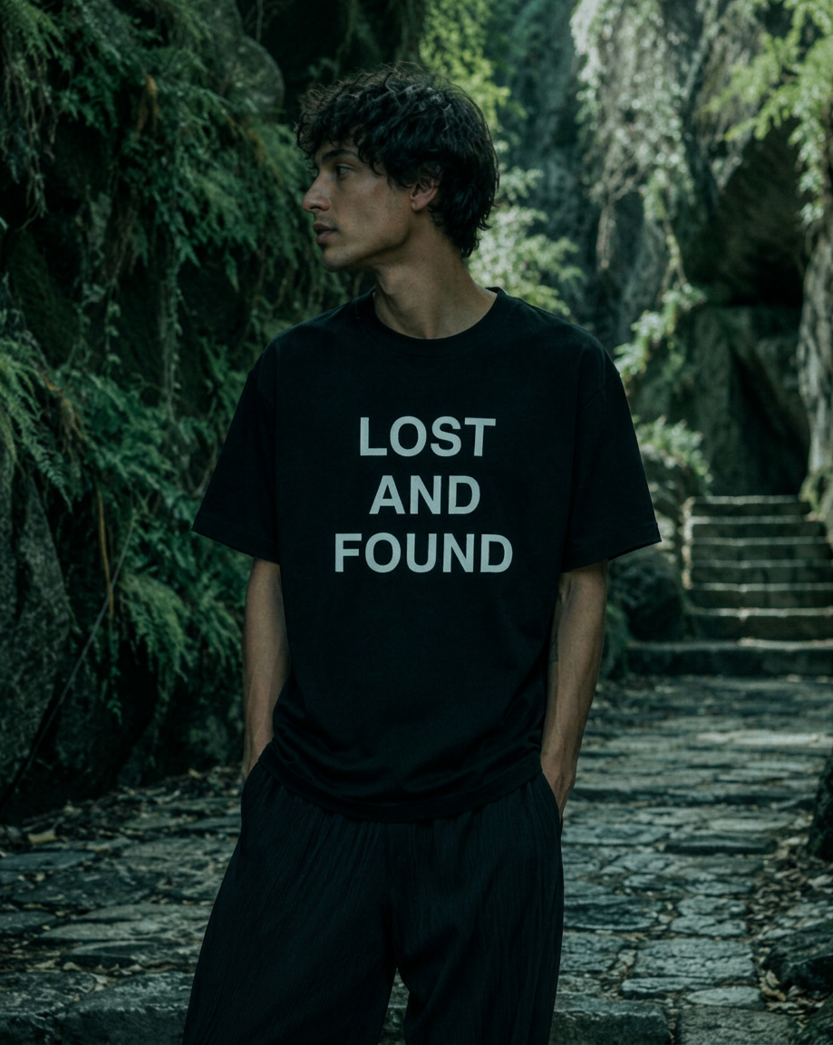 Model in the LOST AND FOUND tee on stone steps in a ravine