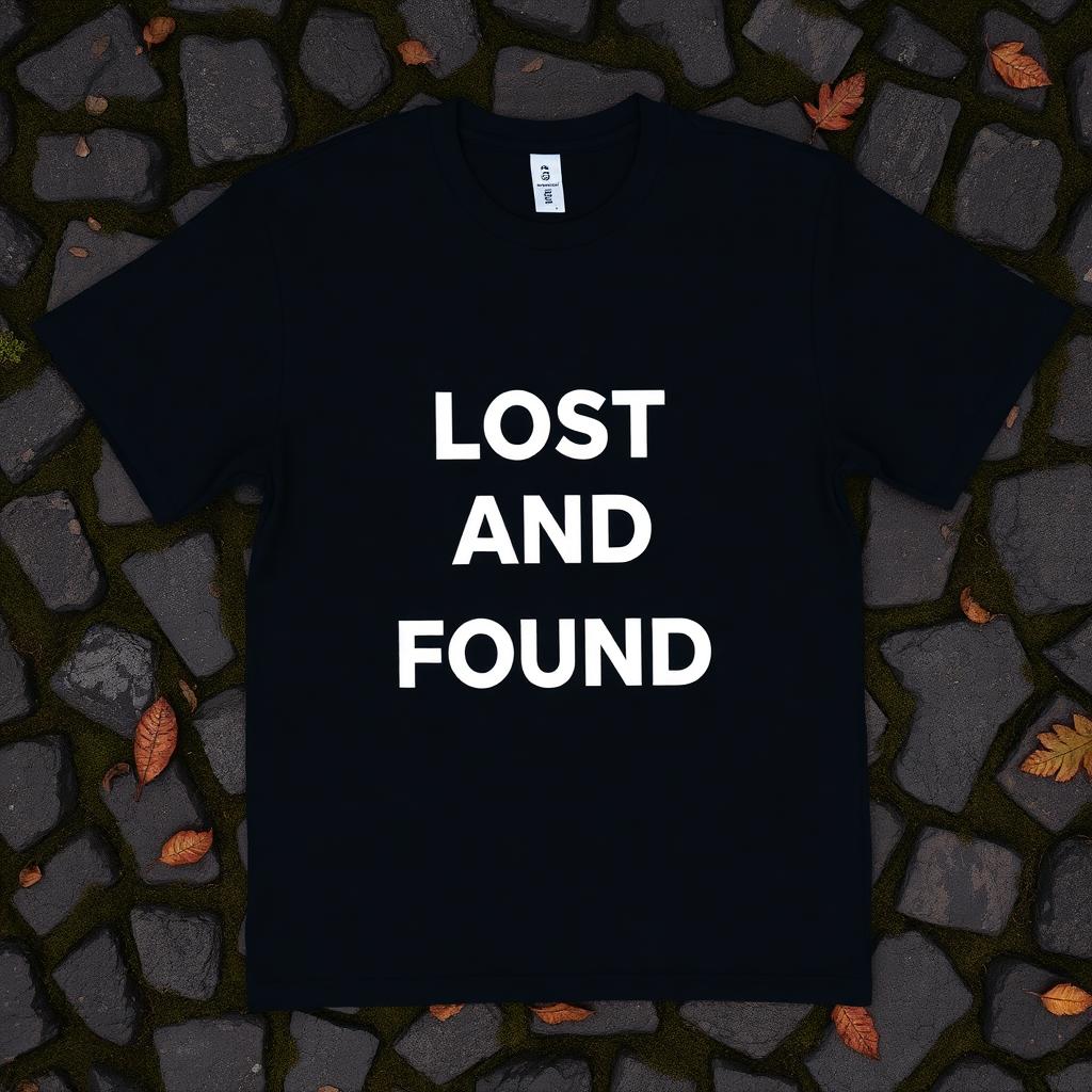 Black oversized tee with LOST AND FOUND printed in white