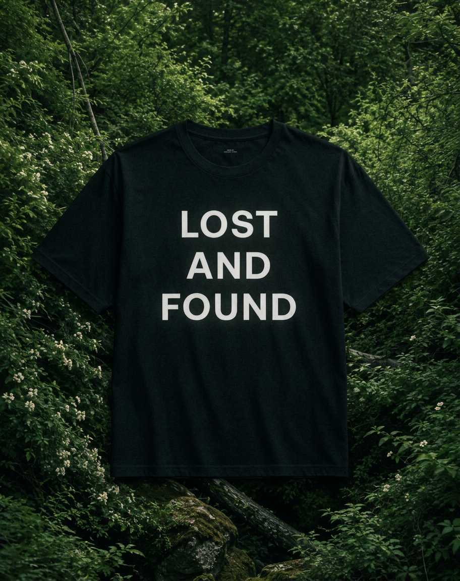 Black oversized tee with LOST AND FOUND printed in white