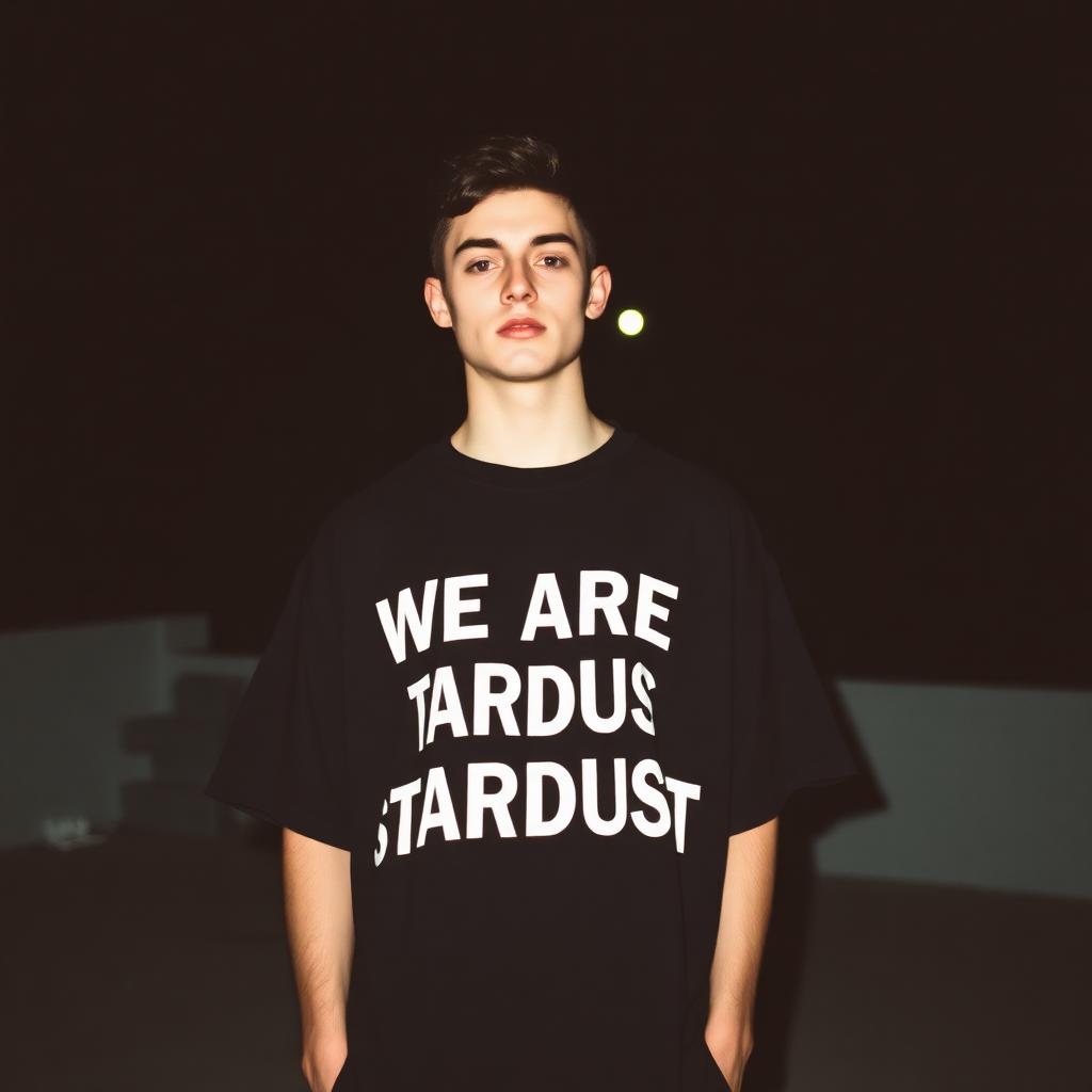 Model in the WE ARE STARDUST tee under a dark sky