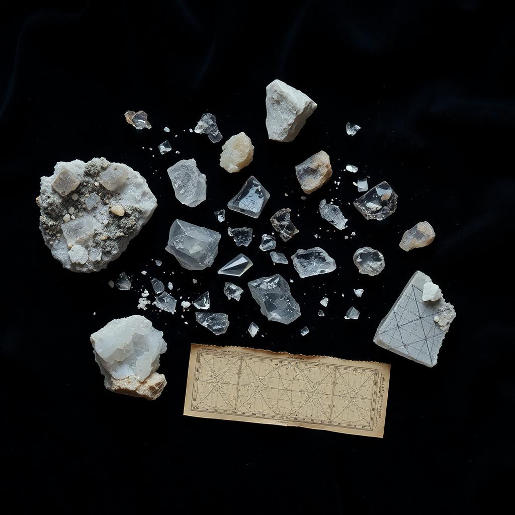 Raw mineral crystals and a star chart fragment on dark velvet