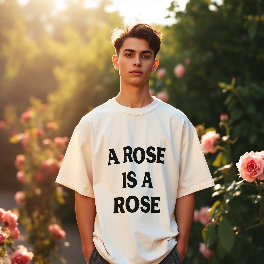 Model in the A ROSE IS A ROSE tee in a sunlit rose garden