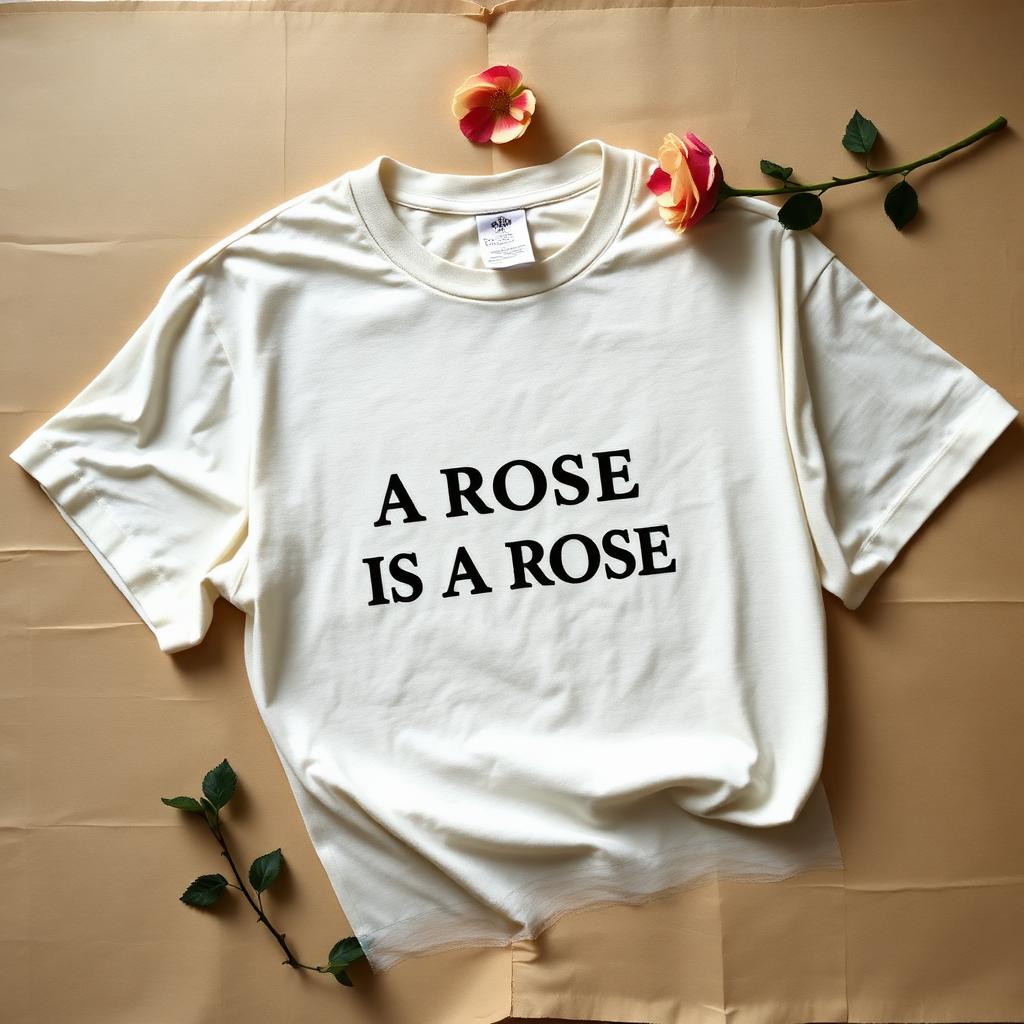 Cream oversized tee with A ROSE IS A ROSE printed in black