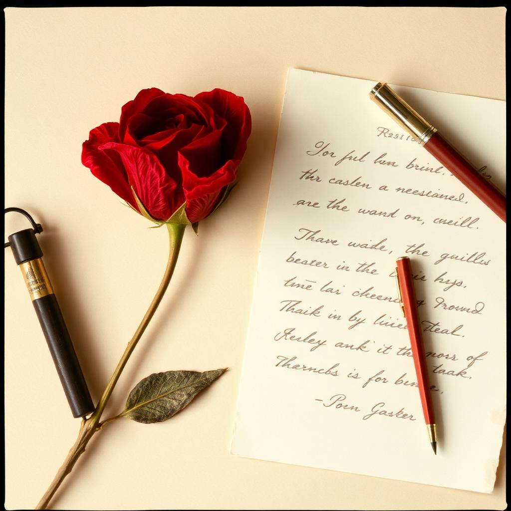 Pressed red rose beside a handwritten note on parchment